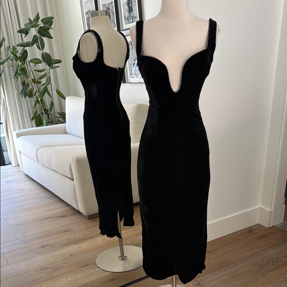 Elegant Black Velvet Dress with embellish trim detail